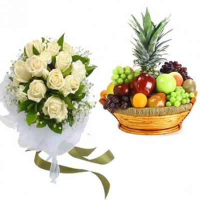 White Roses With Fruit Basket White Roses With Fruit Basket
