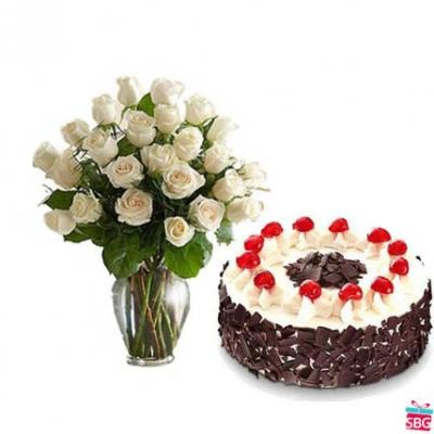 White Roses Vase With Black Forest Cake White Roses Vase With Black Forest Cake