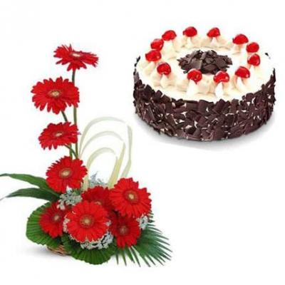 Red Gerbera Basket With Black Forest Cake Red Gerbera Basket With Black Forest Cake