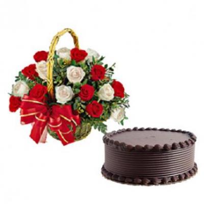 Red & White Roses Basket With Cake Red & White Roses Basket With Cake