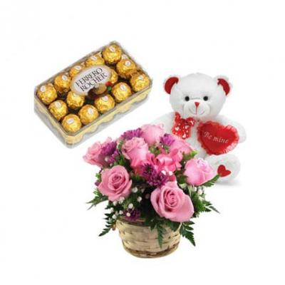 Pink Roses, Teddy With Chocolate Pink Roses, Teddy With Chocolate