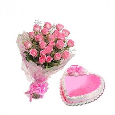 Pink Roses With Heart Shape Strawberry Cake Pink Roses With Heart Shape Strawberry Cake