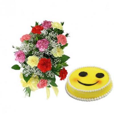 Carnations With Smiley Cake Carnations With Smiley Cake