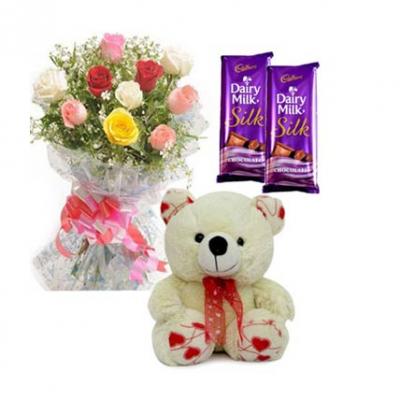 Mix Roses, Teddy With Chocolates Mix Roses, Teddy With Chocolates