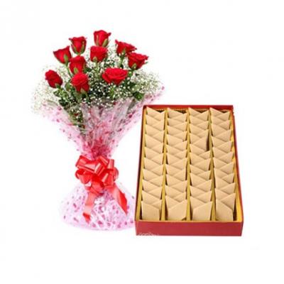 Kaju Burfi With Red Roses Kaju Burfi With Red Roses