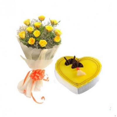 Yellow Roses With Heart Shape Pineapple Cake Yellow Roses With Heart Shape Pineapple Cake