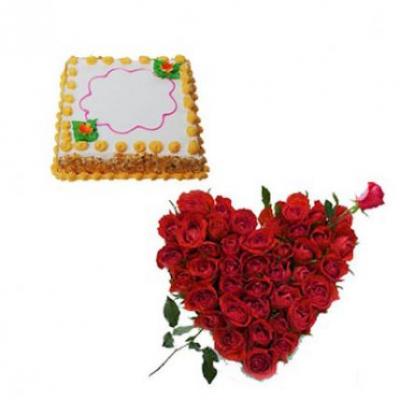Roses Heart With Square Butter Scotch Cake Roses Heart With Square Butter Scotch Cake