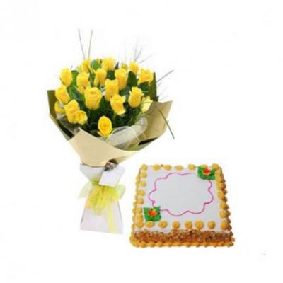 Yellow Roses With Butter Scotch Cake Square Yellow Roses With Butter Scotch Cake Square
