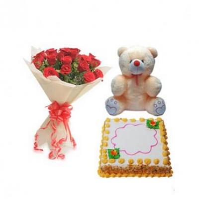 Roses, Teddy With Butter Scotch Cake Square Roses, Teddy With Butter Scotch Cake Square
