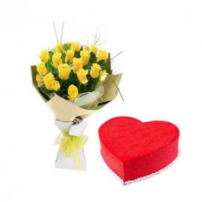 Yellow Roses With Heart Shape Red Velvet Cake Yellow Roses With Heart Shape Red Velvet Cake