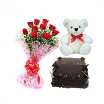 Roses, Teddy With Chocolate Truffle Cake Square Roses, Teddy With Chocolate Truffle Cake Square
